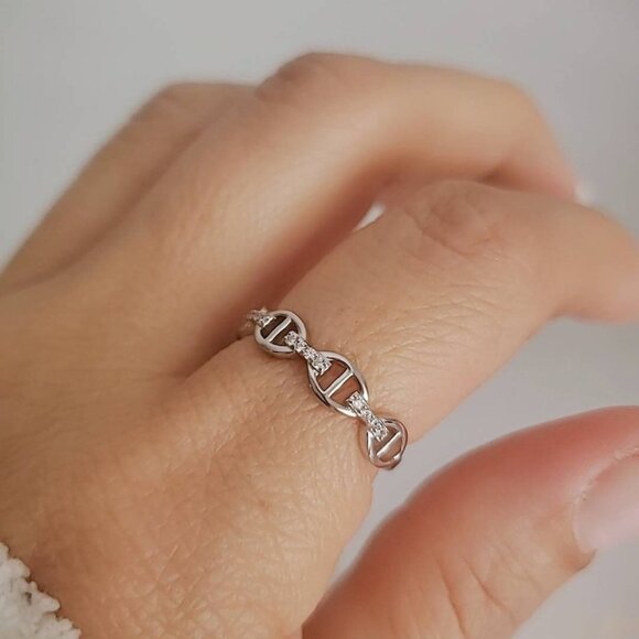 Chain Ring, Sterling Silver Women Ring, Simple Chain Ring, Stacking Ring, - Picture 1 of 10